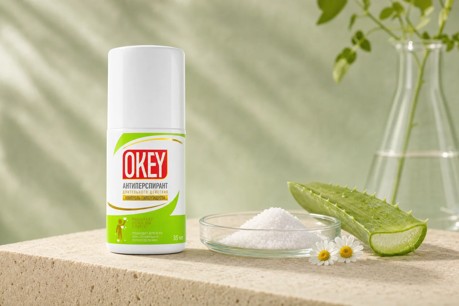 Закрытый флакон OKEY на каменной поверхности рядом с небольшой стеклянной пиалой с мелкими белыми кристаллами и листом алоэ при мягком дневном свете