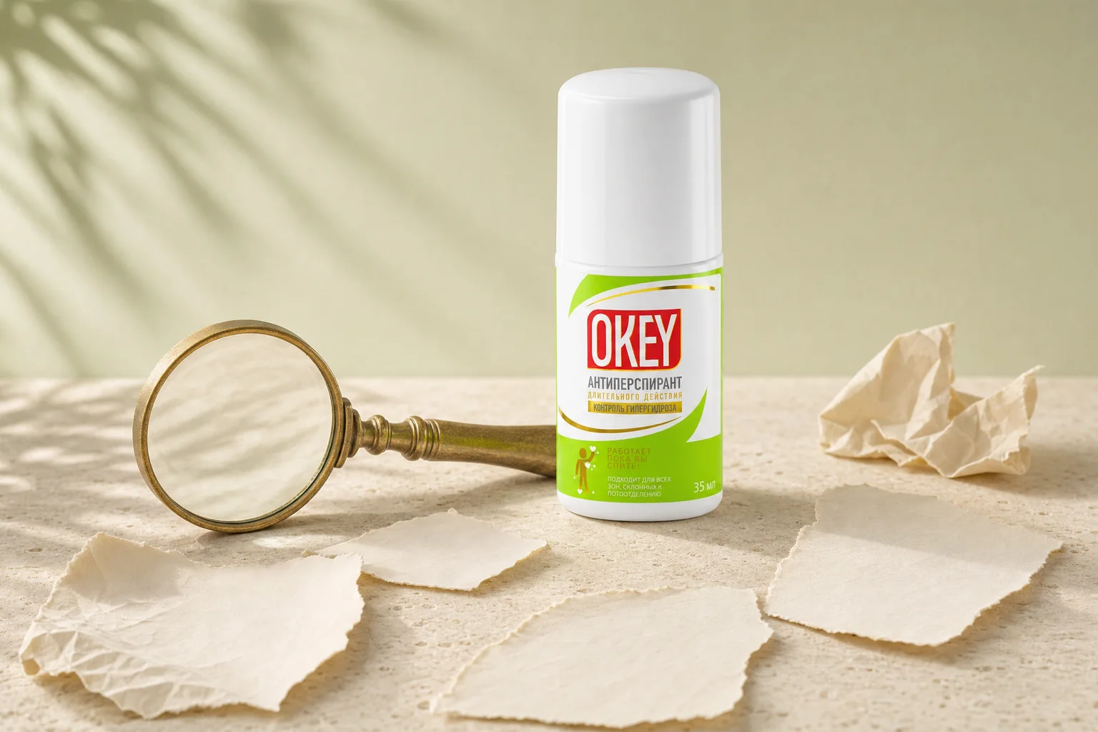 Закрытый флакон OKEY на каменной поверхности рядом с несколькими разорванными бумажными записками и лупой, мягкий дневной свет