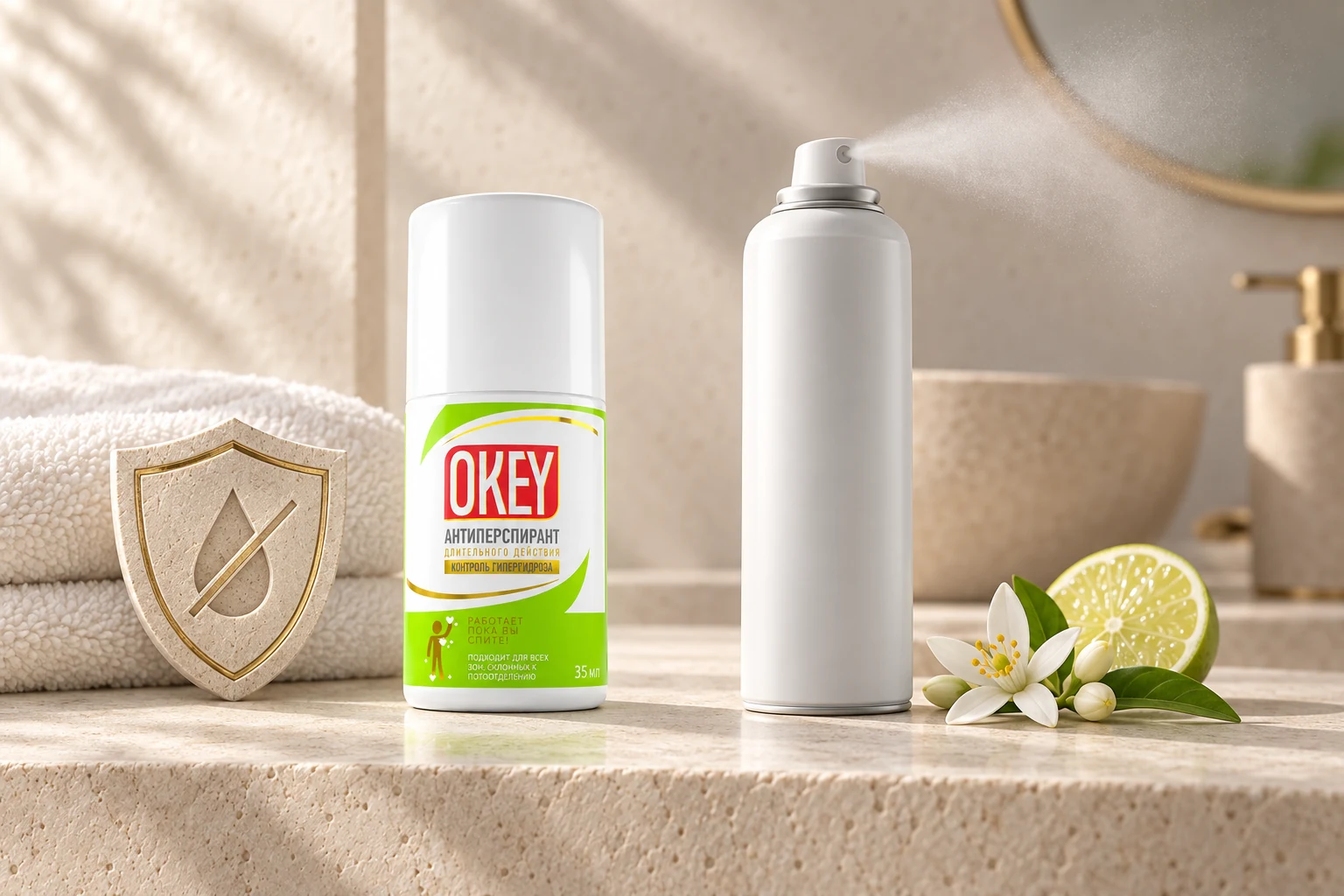 Флакон OKEY для контроля потоотделения рядом с отдельным аэрозольным дезодорантом для контроля запаха