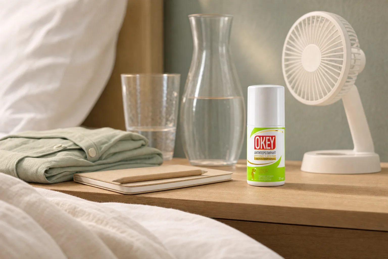 A bedside table in evening light: a carafe and a glass of water, a small white fan, a folded cotton nightshirt, a notebook with a pencil and a closed OKEY bottle