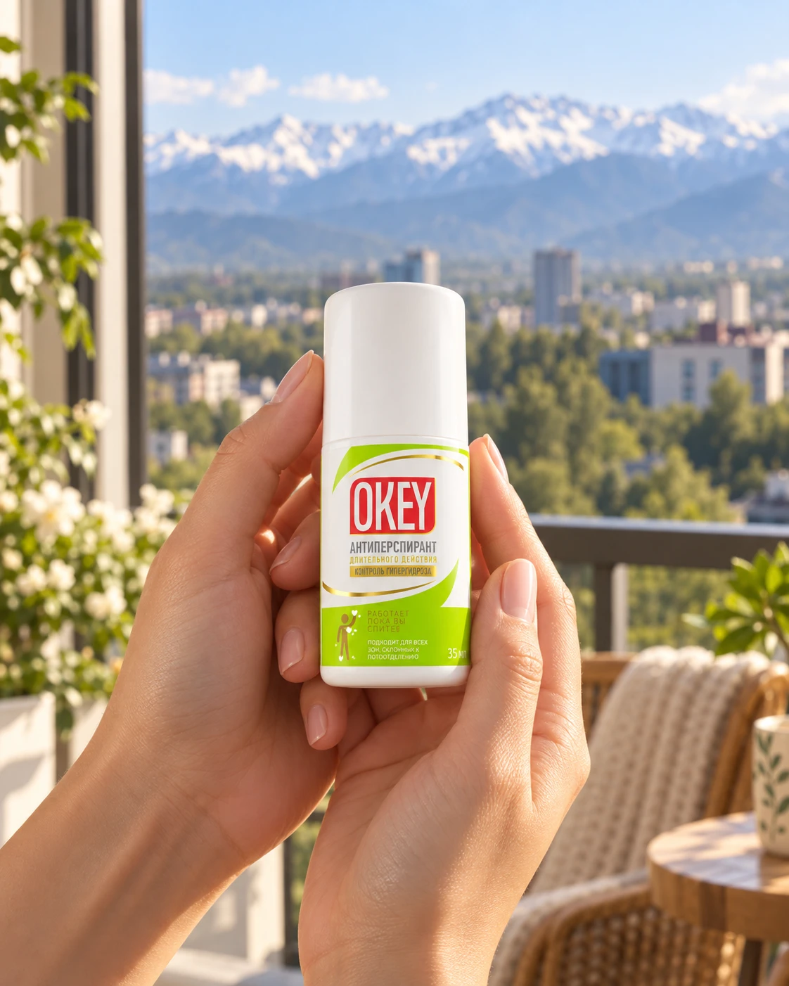 An OKEY bottle held carefully against a morning view of Almaty and the Trans-Ili Alatau mountains.