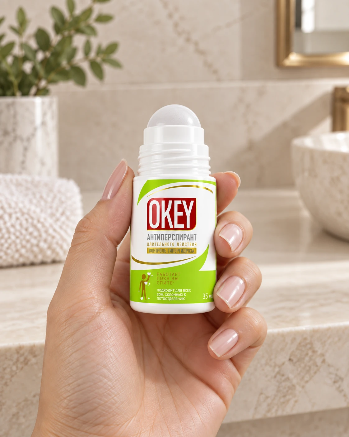 Постановочная рекламная фотография: рука держит OKEY 35 мл с открытым роликовым аппликатором. На основе оригинального продукта.