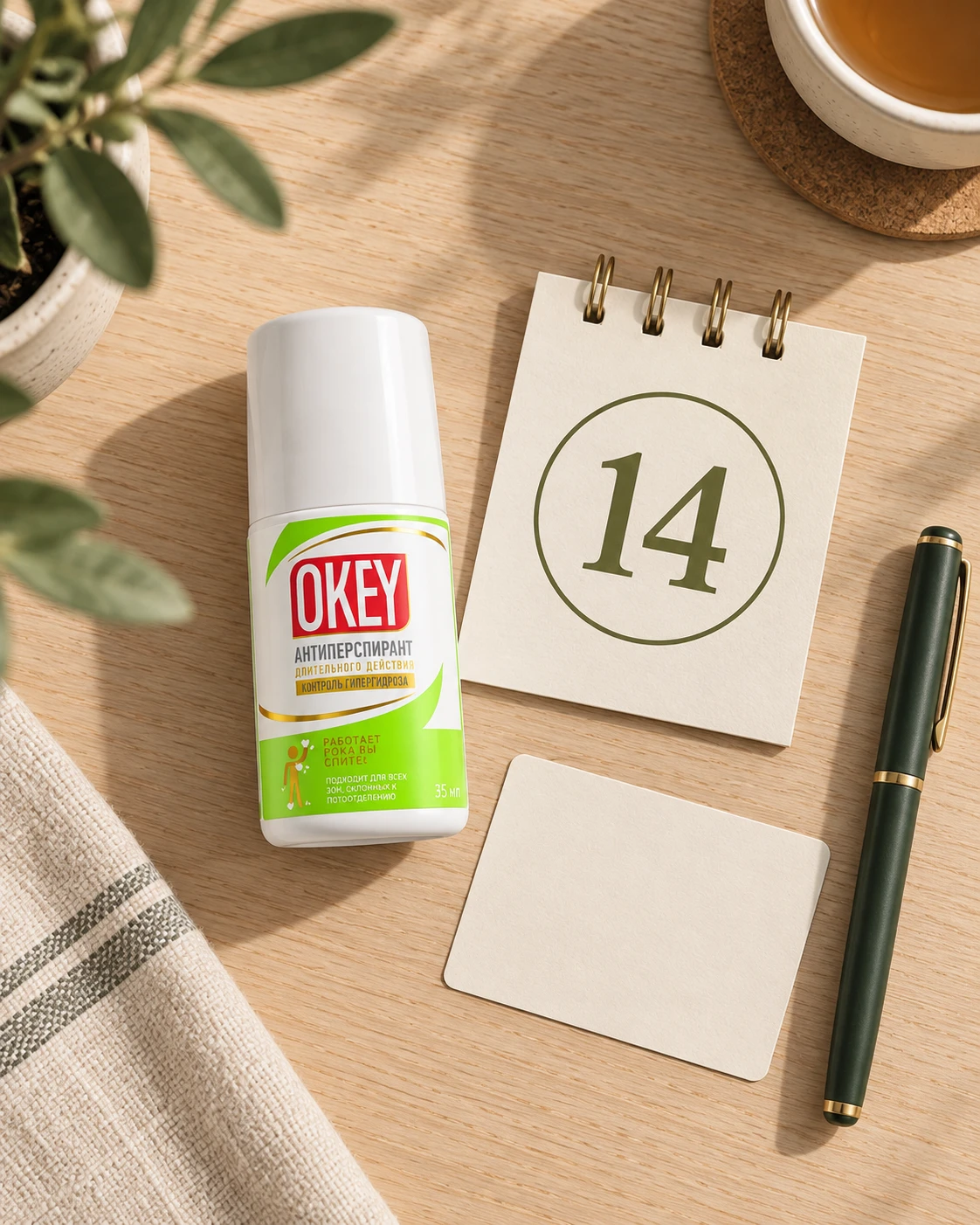 An OKEY bottle beside a calendar marking the fourteenth day of the return decision period.