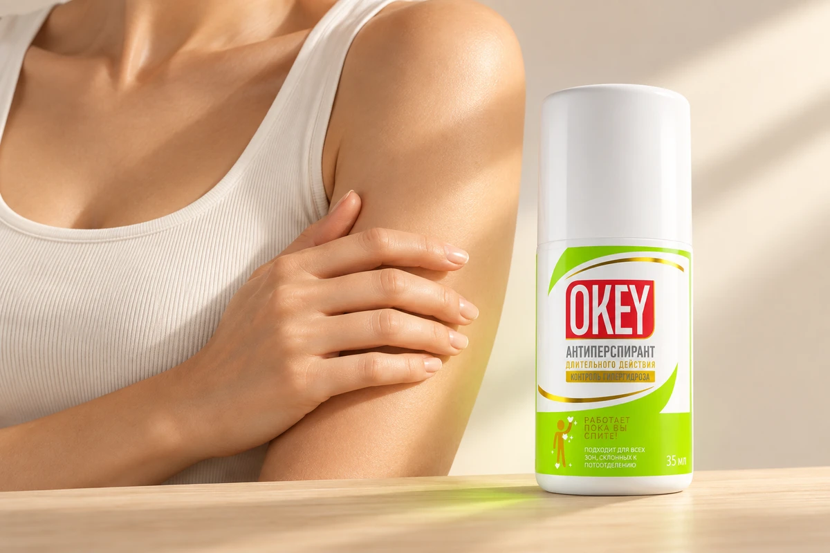 A large OKEY bottle and a close-up of clean, dry skin in one campaign composition; the face is outside the frame.