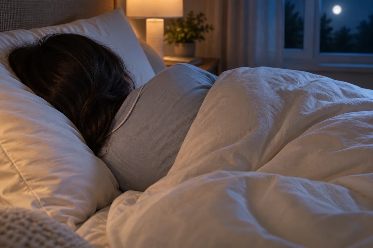 A woman is shown from behind asleep in soft night light while the product is left on until morning.